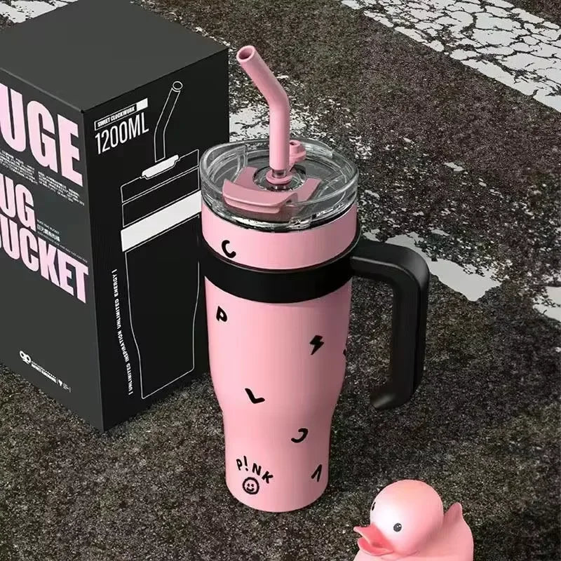 1200ml Stainless Steel Thermos Bottle with Handle & Straw Insulated Travel Mug