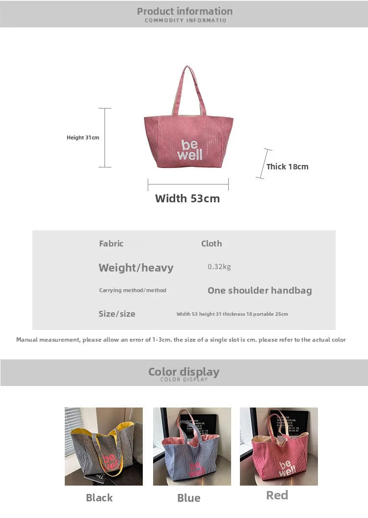 Striped Canvas Tote Bag – Cute Large Capacity Shoulder Bag for Women