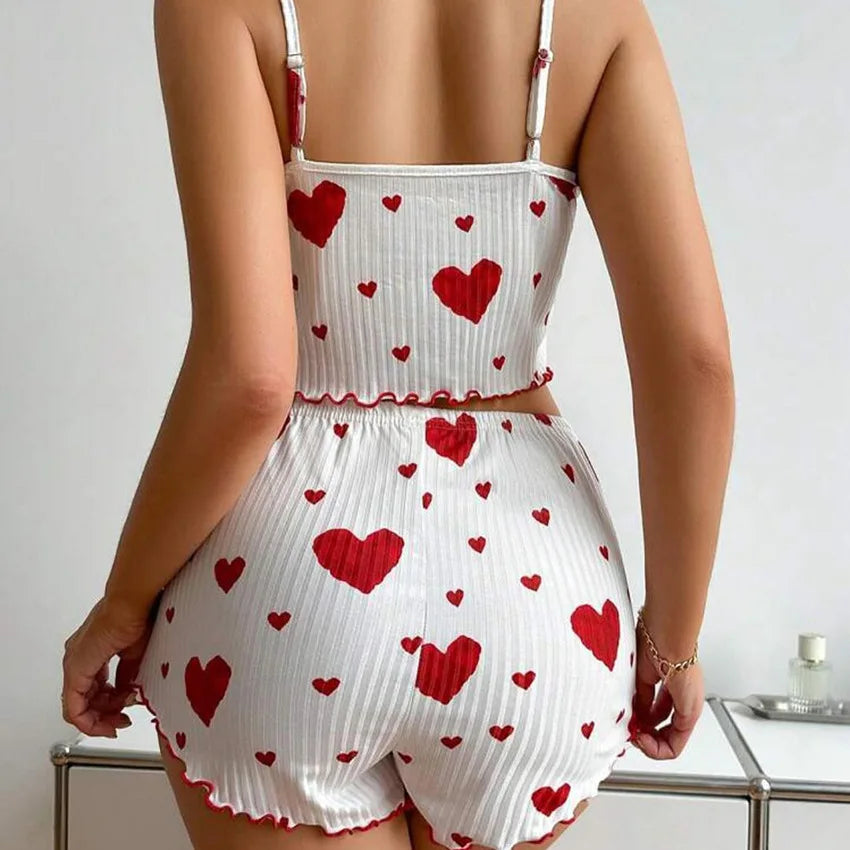Cute Heart Print Pajama Romper – Women’s Sleeveless Summer Lounge Wear