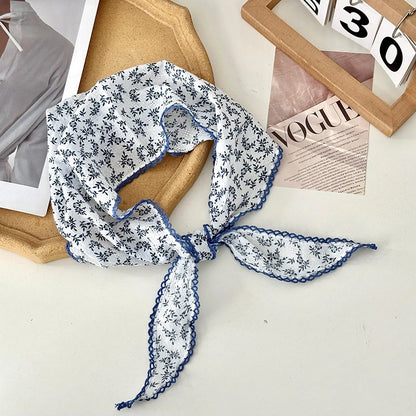 Retro Lace Scarf Sweet Flower Triangle Hair Scarf for Women Hair Band Thin Vintage Kerchief Bohe Flower Ribbon Travel Headwear ﻿
