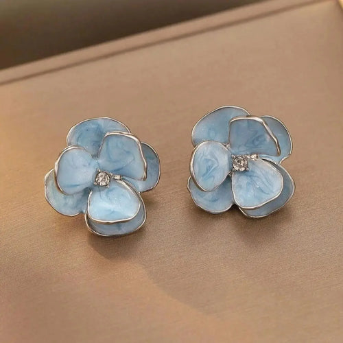 Blue Flower Stud Earrings – Elegant Floral Crystal Earrings for Women Vintage Jewelry