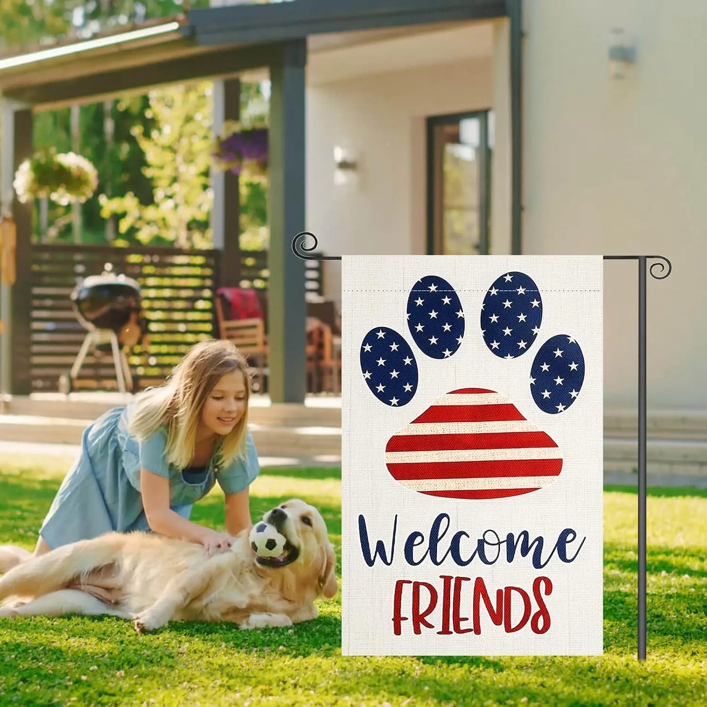 4th of July Garden Flag 12 x 18 Inch Yard Flags Cute Dog Paw Garden Flag for Outside Welcome Friends