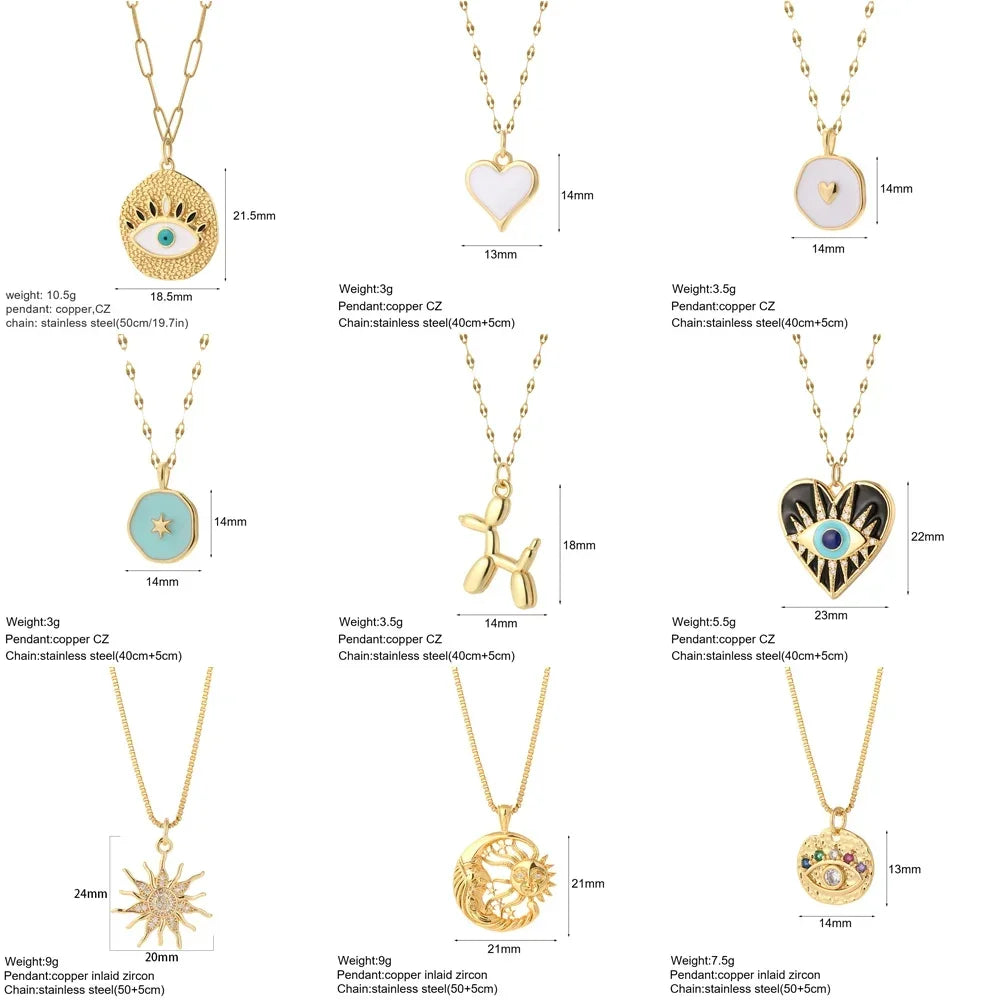 Gold Charm Pendant Necklace Collection – Celestial Eye Heart Sun Moon Layered Necklaces for Women