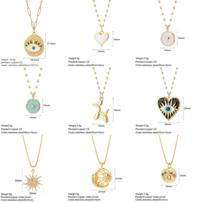 Gold Charm Pendant Necklace Collection – Celestial Eye Heart Sun Moon Layered Necklaces for Women
