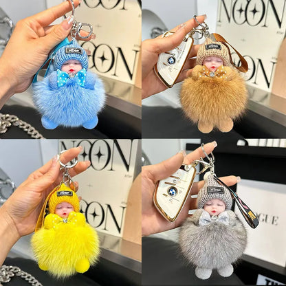 Cute Sleeping Baby Keychain – Fluffy Pom Pom Doll Bag Charm