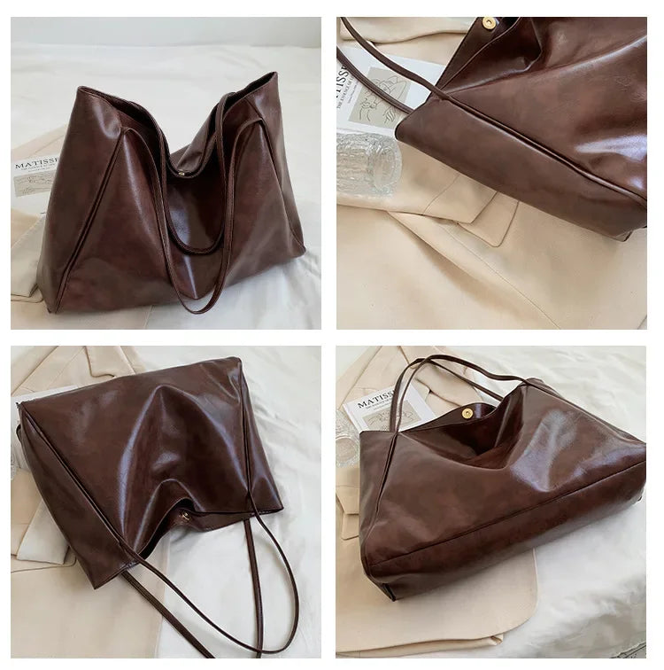 Vintage Leather Hobo Tote Bag – Large Capacity Slouchy Shoulder Handbag for Women