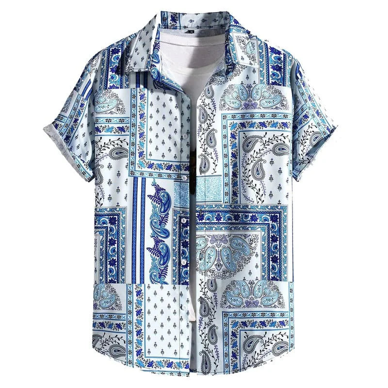 Retro Floral Hawaiian Shirt Men 3D Print Summer Beach Button Down Top