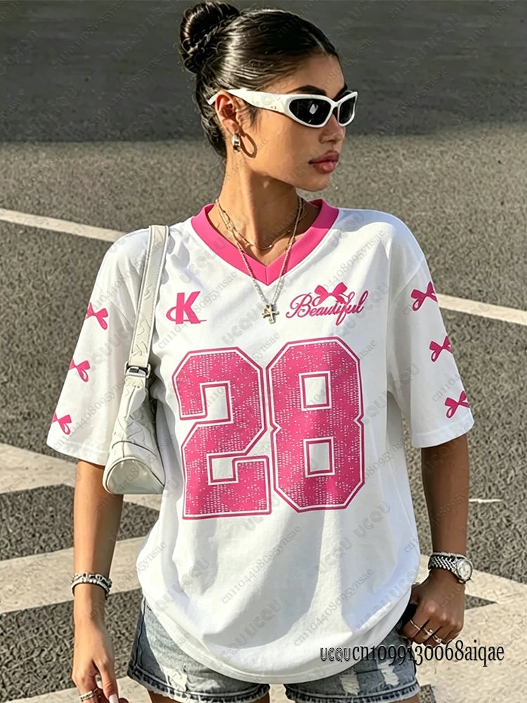 2026 Speed 23 Oversized Jersey T-Shirt Women Y2K Sport Style V-Neck Summer Streetwear Graphic Tee