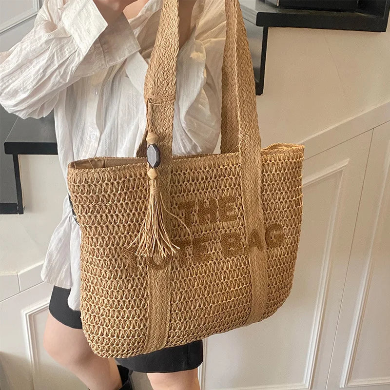 Boho Straw Tote Bag – Woven Beach Shoulder Handbag for Women Summer Fashion