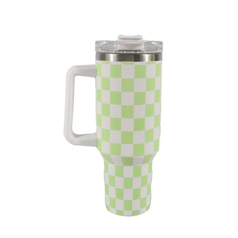 40oz Checkered Stainless Steel Tumbler with Handle Insulated Travel Mug