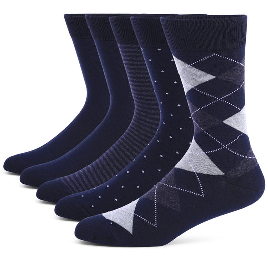 5 Pairs Men’s Dress Crew Socks Set – Classic Patterned Business Casual Socks