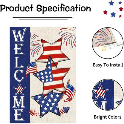 4th of July Patriotic Welcome Garden Flag 12x18 Vertical Double Sided Flag Stars Red Blue Memorial Day Independence Day