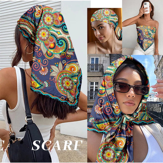 90cm Satin Square Scarf for Women Vintage Paisley Floral Print Boho Mandala Head Scarf Multi-use Bandana for Hair Neck Tube Top