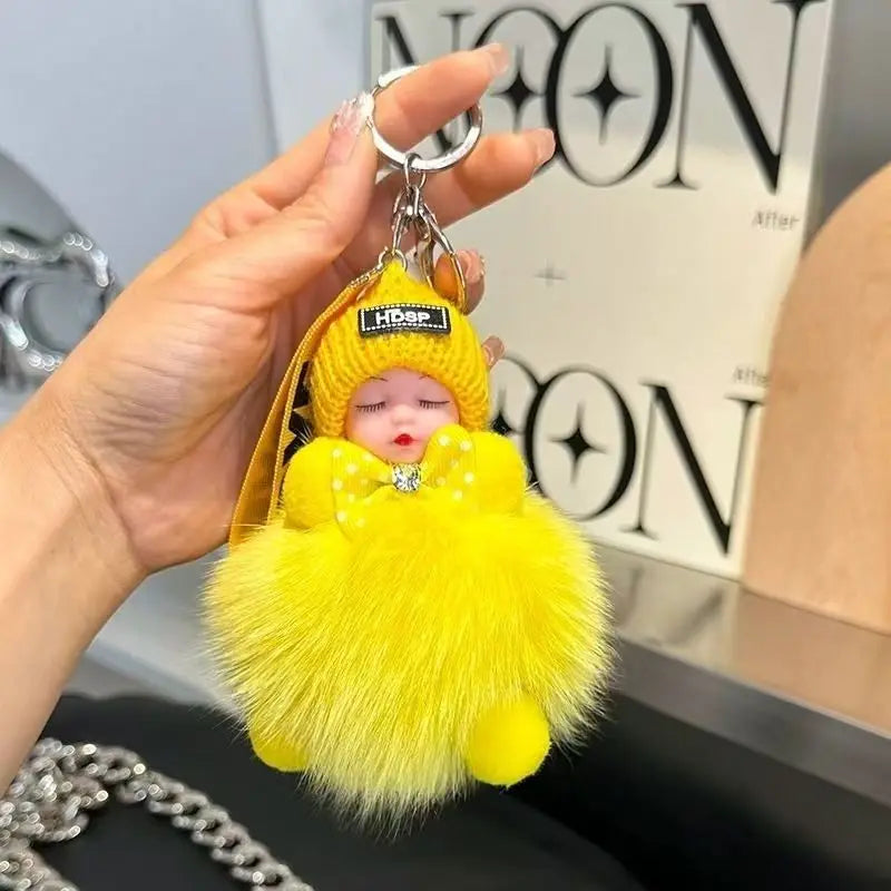 Cute Sleeping Baby Keychain – Fluffy Pom Pom Doll Bag Charm