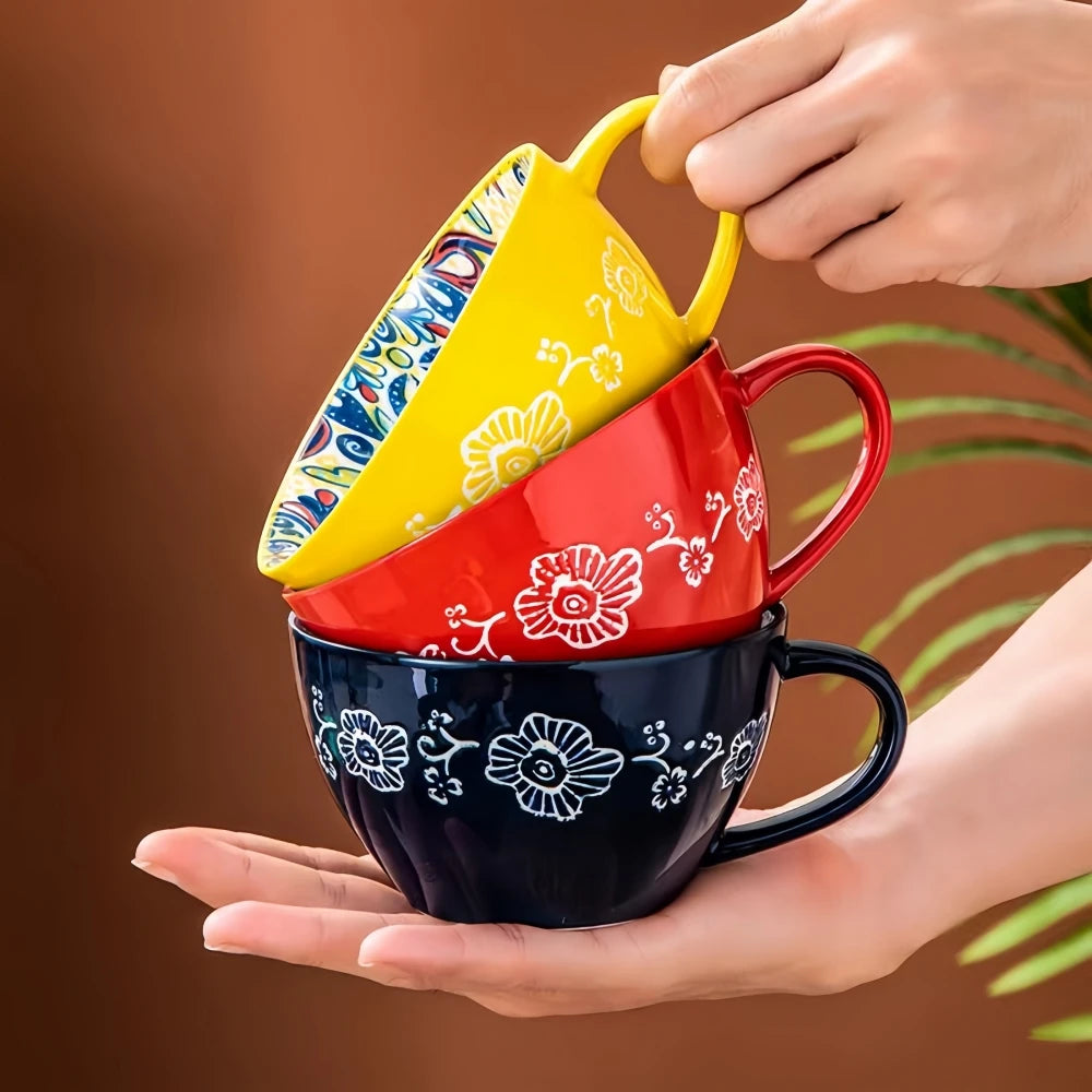 Colorful Ceramic Coffee Mug Set – Vintage Floral Tea Cups for Espresso, Cappuccino & Cozy Kitchen Decor
