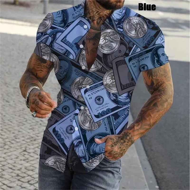 Dollar Print Hawaiian Shirt Men 3D Graphic Summer Button Up Streetwear Top