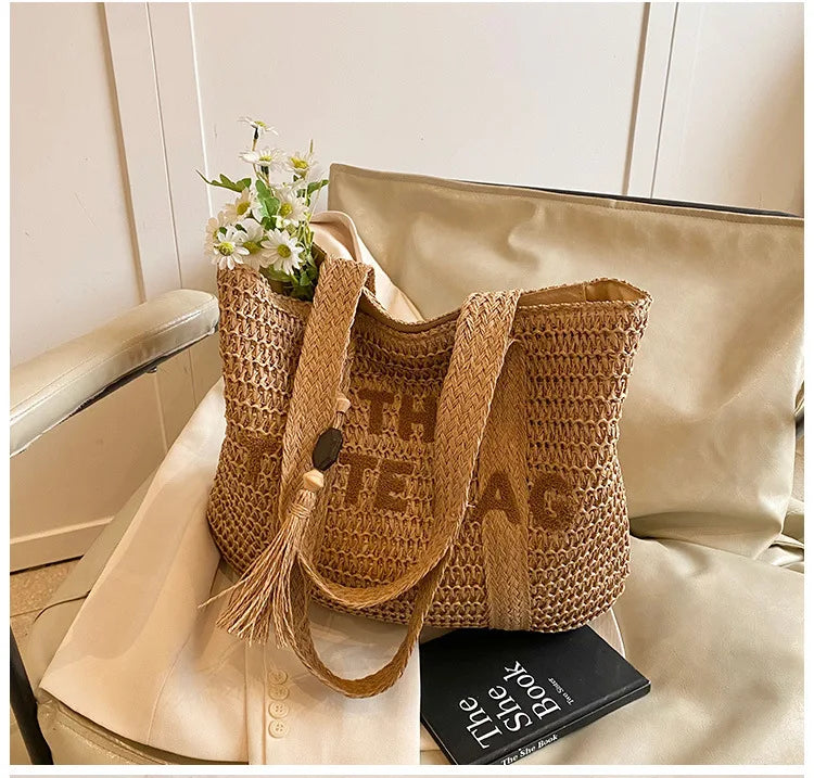 Boho Straw Tote Bag – Woven Beach Shoulder Handbag for Women Summer Fashion