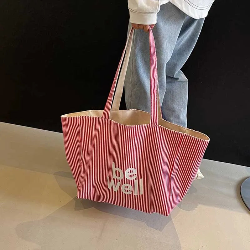 Striped Canvas Tote Bag – Cute Large Capacity Shoulder Bag for Women