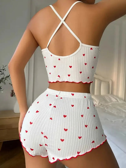 Cute Heart Print Pajama Set – Women’s Ribbed Cami Top & Shorts Sleepwear, Soft Summer Lounge Set