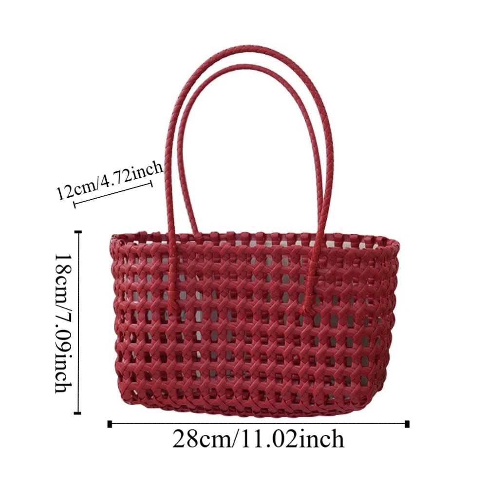 Woven Plastic Tote Bag – Retro Grid Shoulder Handbag for Women Summer Beach Style
