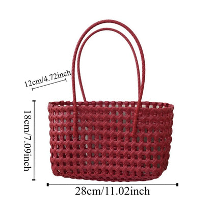 Woven Plastic Tote Bag – Retro Grid Shoulder Handbag for Women Summer Beach Style