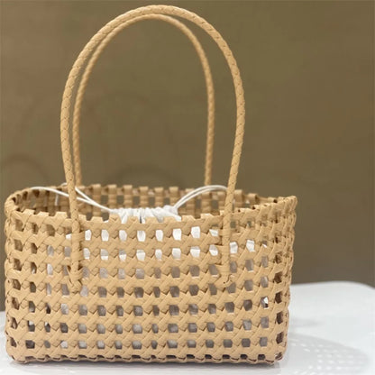 Woven Plastic Tote Bag – Retro Grid Shoulder Handbag for Women Summer Beach Style