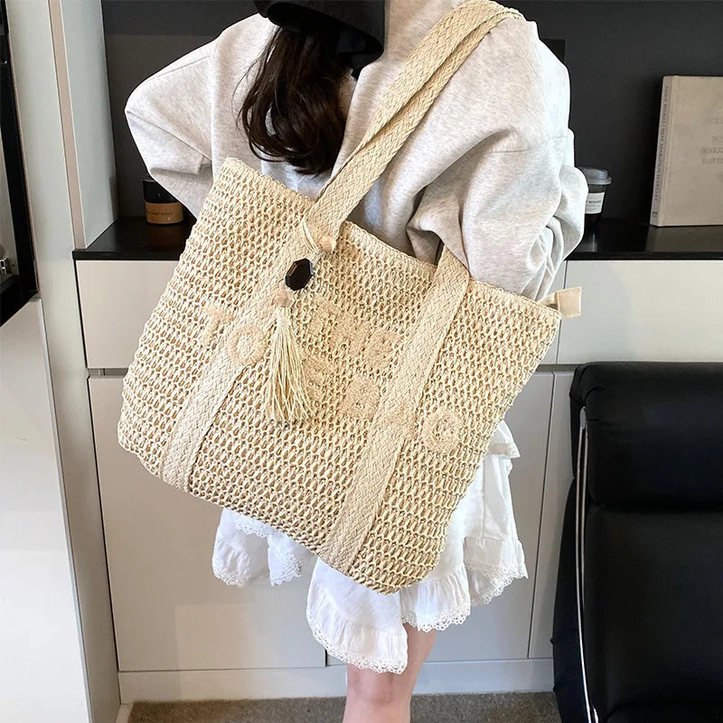 Boho Straw Tote Bag – Woven Beach Shoulder Handbag for Women Summer Fashion