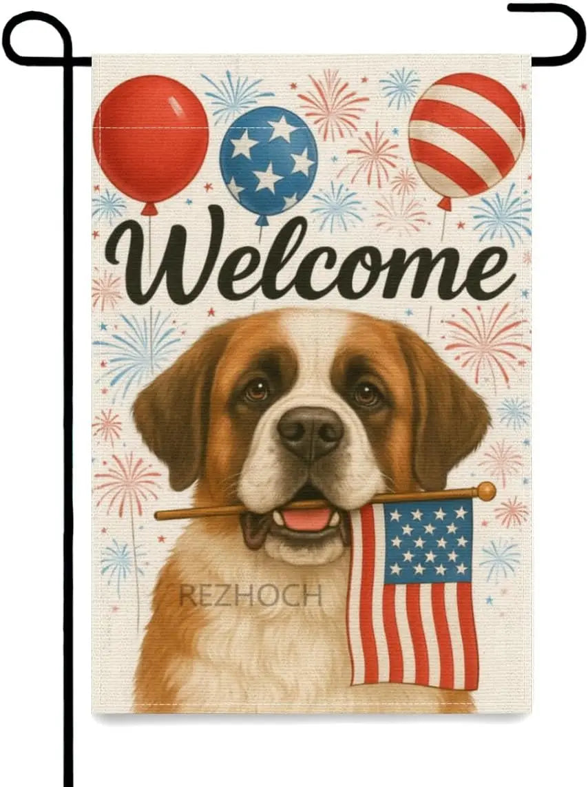 4th of July Patriotic Garden Flag Welcome Funny Saint Bernard Dog Independence Memorial Day Yard Flags for Outside