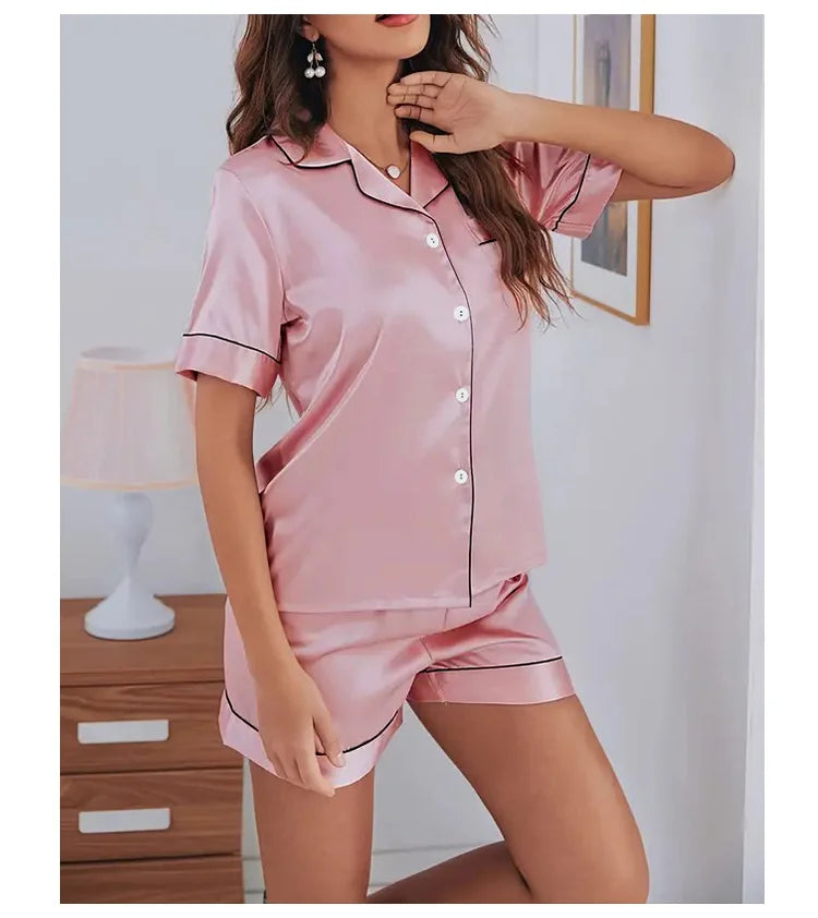Women’s Satin Pajama Set – Button Down Short Sleeve Sleepwear with Shorts, Soft Summer Loungewear 2 Piece Nightwear