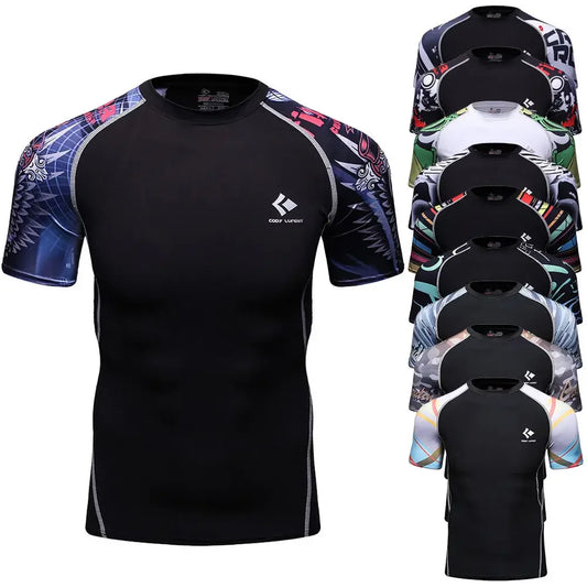 BJJ Rash Guard Men Short Sleeve MMA Compression Shirt No Gi Training Top