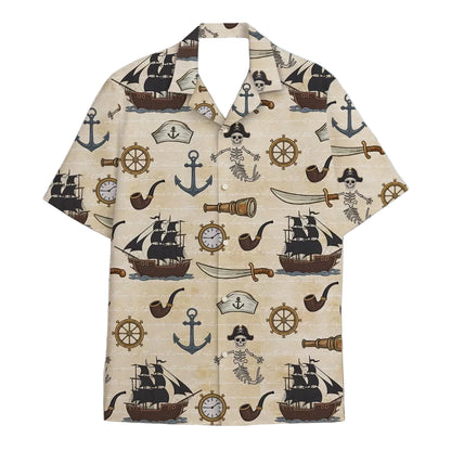 Skeleton Pirate Captain Hawaiian Shirt Cartoon Summer Beach Button Up