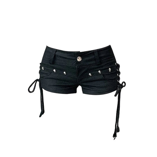 Women’s Gothic Low Rise Booty Shorts – Punk Skull Lace Up Hot Shorts Y2K Clubwear