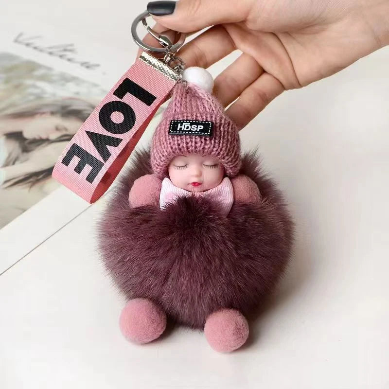 Cute Sleeping Baby Keychain – Fluffy Pom Pom Doll Bag Charm