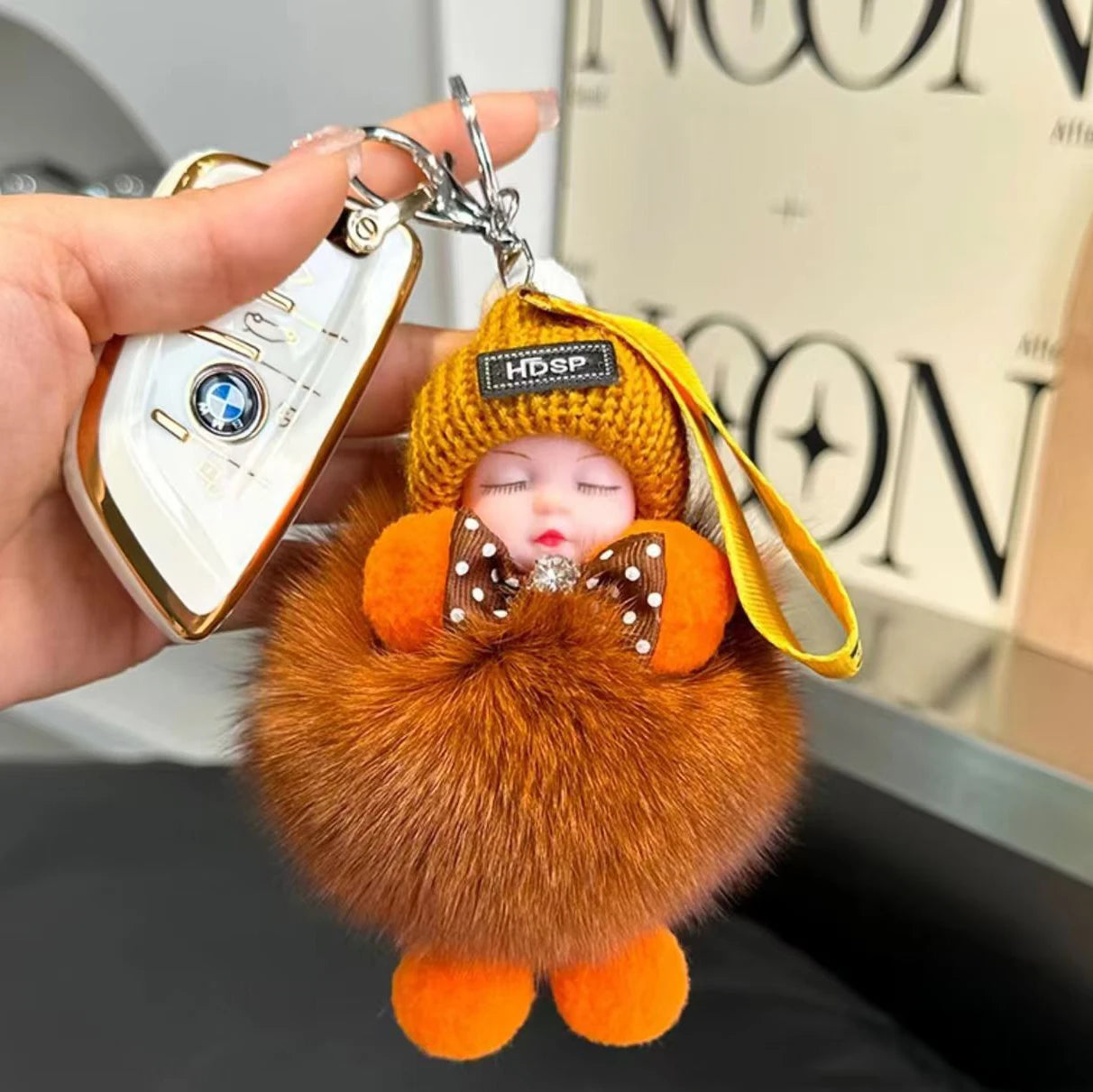 Cute Sleeping Baby Keychain – Fluffy Pom Pom Doll Bag Charm