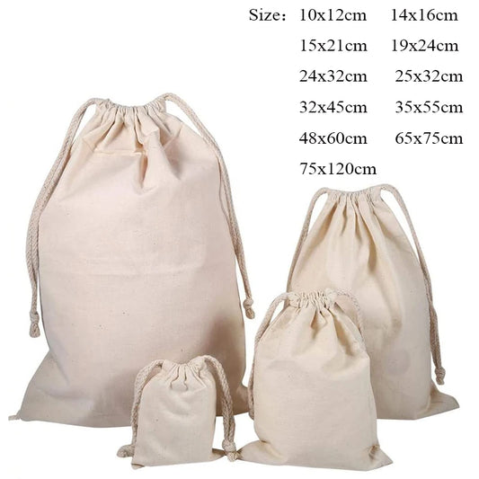 Cotton Drawstring Storage Bags – Reusable Canvas Organizer Pouches Set for Travel & Home