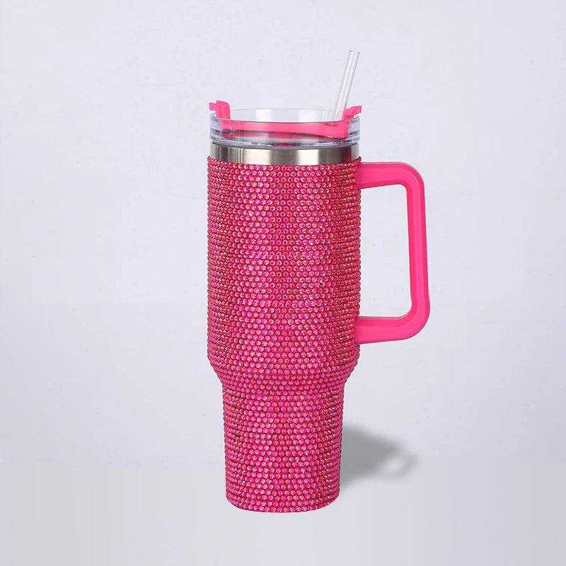 40oz Rhinestone Tumbler with Handle Insulated Thermos Cup Sparkling Travel Mug