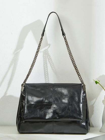 Vintage Black Chain Shoulder Bag – Retro Leather Tote Handbag for Women