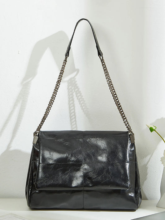 Vintage Black Chain Shoulder Bag – Retro Leather Tote Handbag for Women