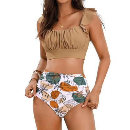 Floral Ruffle High Waisted Bikini Set Women Tummy Control Modest Swimwear
