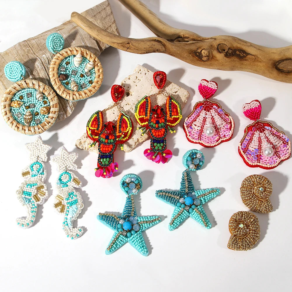 Boho Beach Statement Earrings – Handmade Beaded Starfish Seahorse Shell Drop Earrings for Women