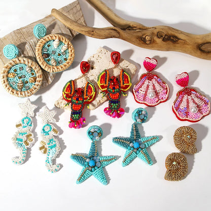 Boho Beach Statement Earrings – Handmade Beaded Starfish Seahorse Shell Drop Earrings for Women