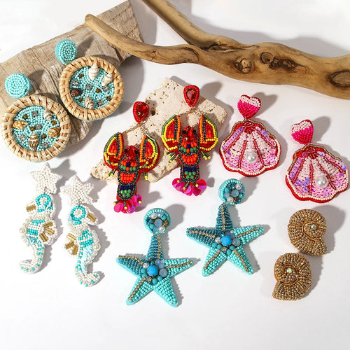 Boho Beach Statement Earrings – Handmade Beaded Starfish Seahorse Shell Drop Earrings for Women