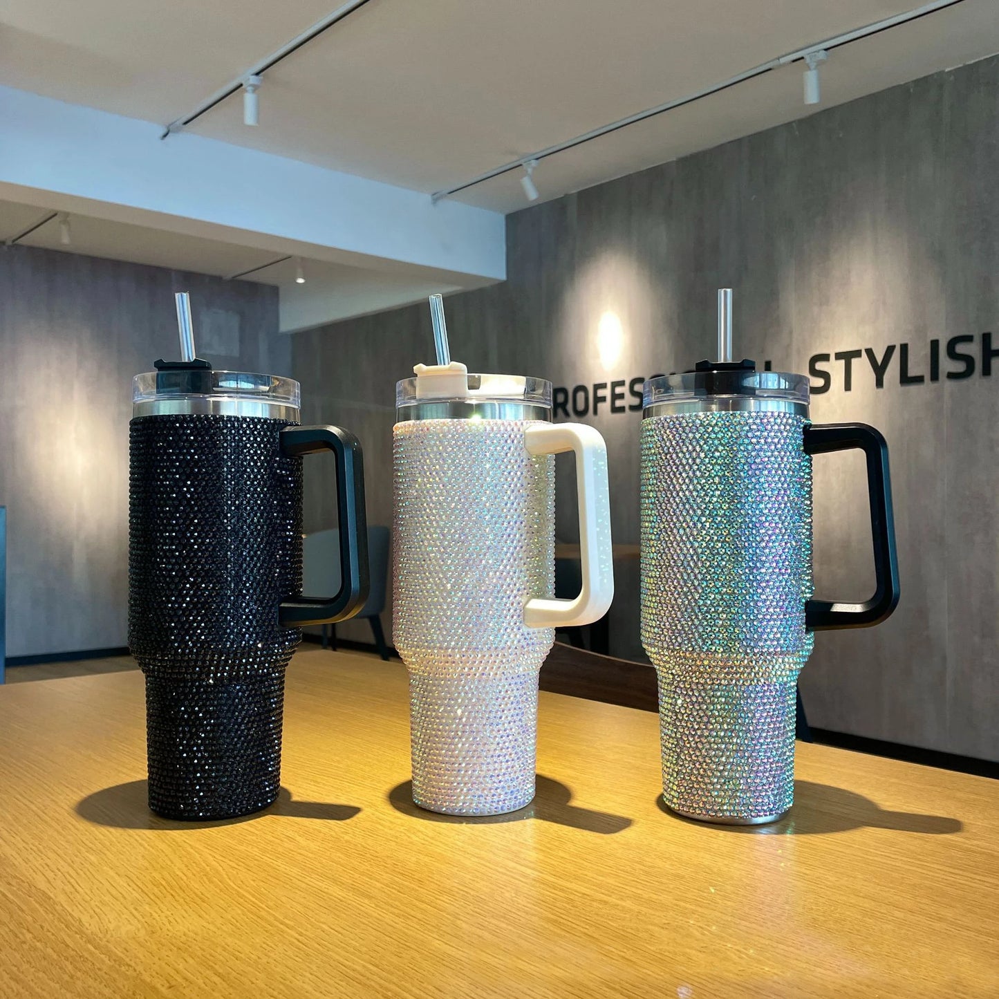 40oz Rhinestone Tumbler with Handle Insulated Thermos Cup Sparkling Travel Mug