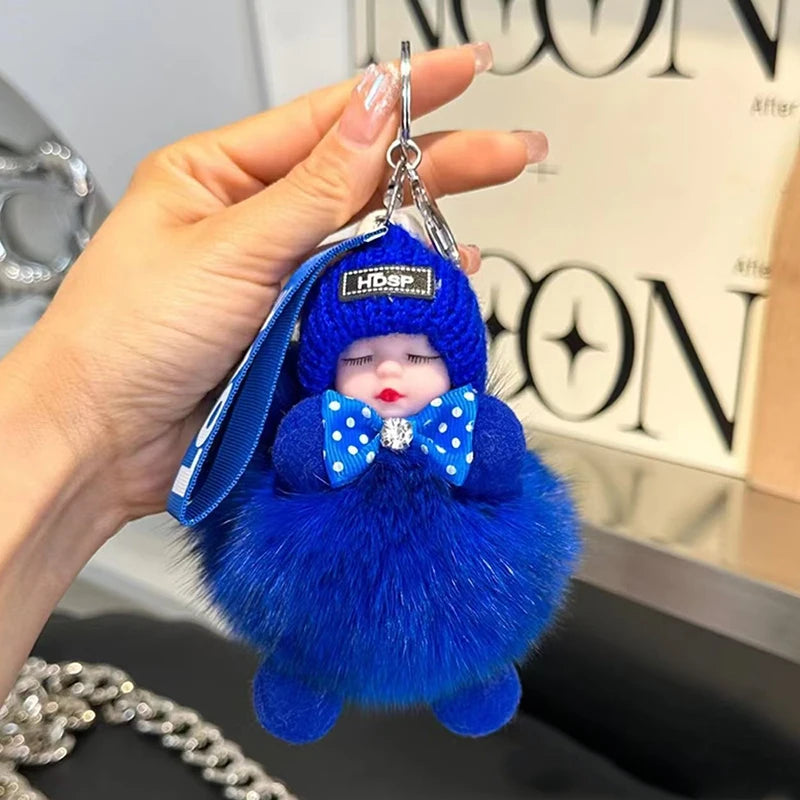 Cute Sleeping Baby Keychain – Fluffy Pom Pom Doll Bag Charm