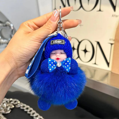 Cute Sleeping Baby Keychain – Fluffy Pom Pom Doll Bag Charm