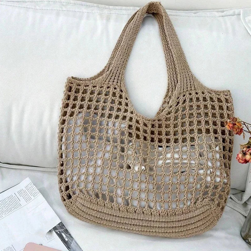 Boho Raffia Crochet Tote Bag | Aesthetic Summer Beach Handbag