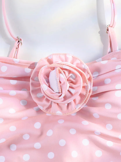 Pink Flower High Cut Bikini Women Push Up Swimsuit Retro Dot Print Summer Beachwear