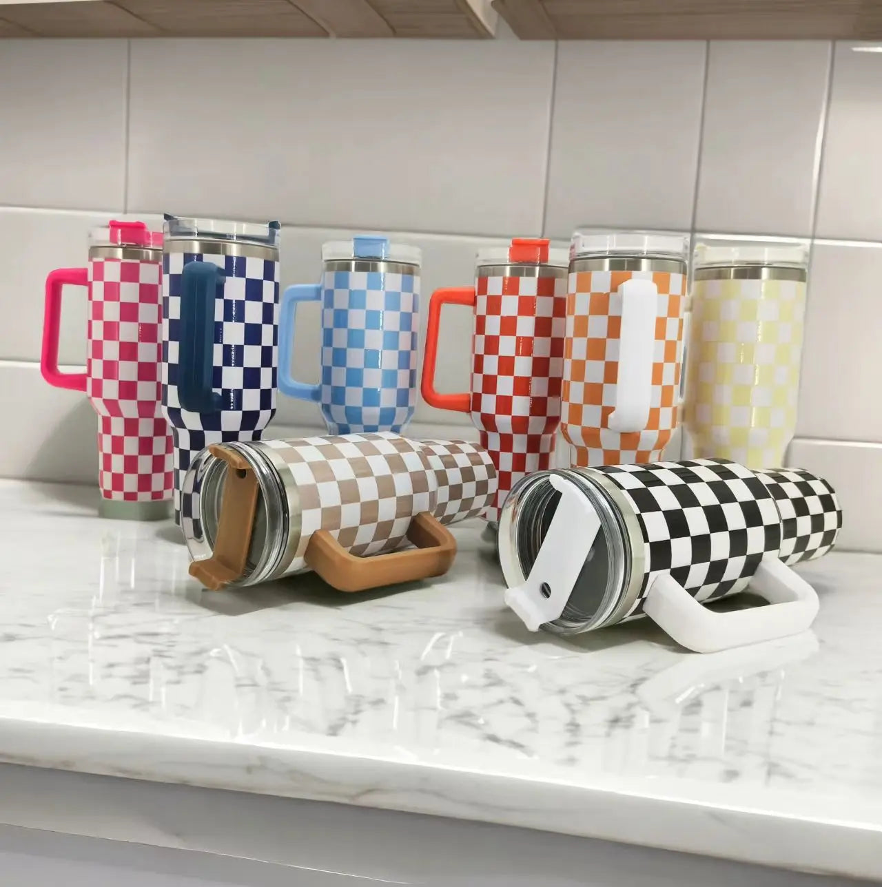 40oz Checkered Stainless Steel Tumbler with Handle Insulated Travel Mug
