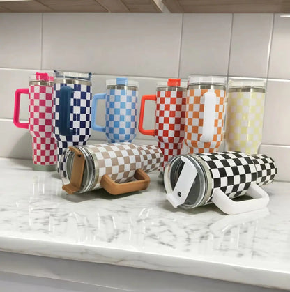 40oz Checkered Stainless Steel Tumbler with Handle Insulated Travel Mug