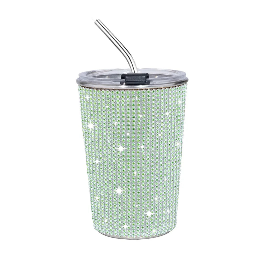 500ml Rhinestone Stainless Steel Water Bottle with Straw Luxury Sparkling Cup